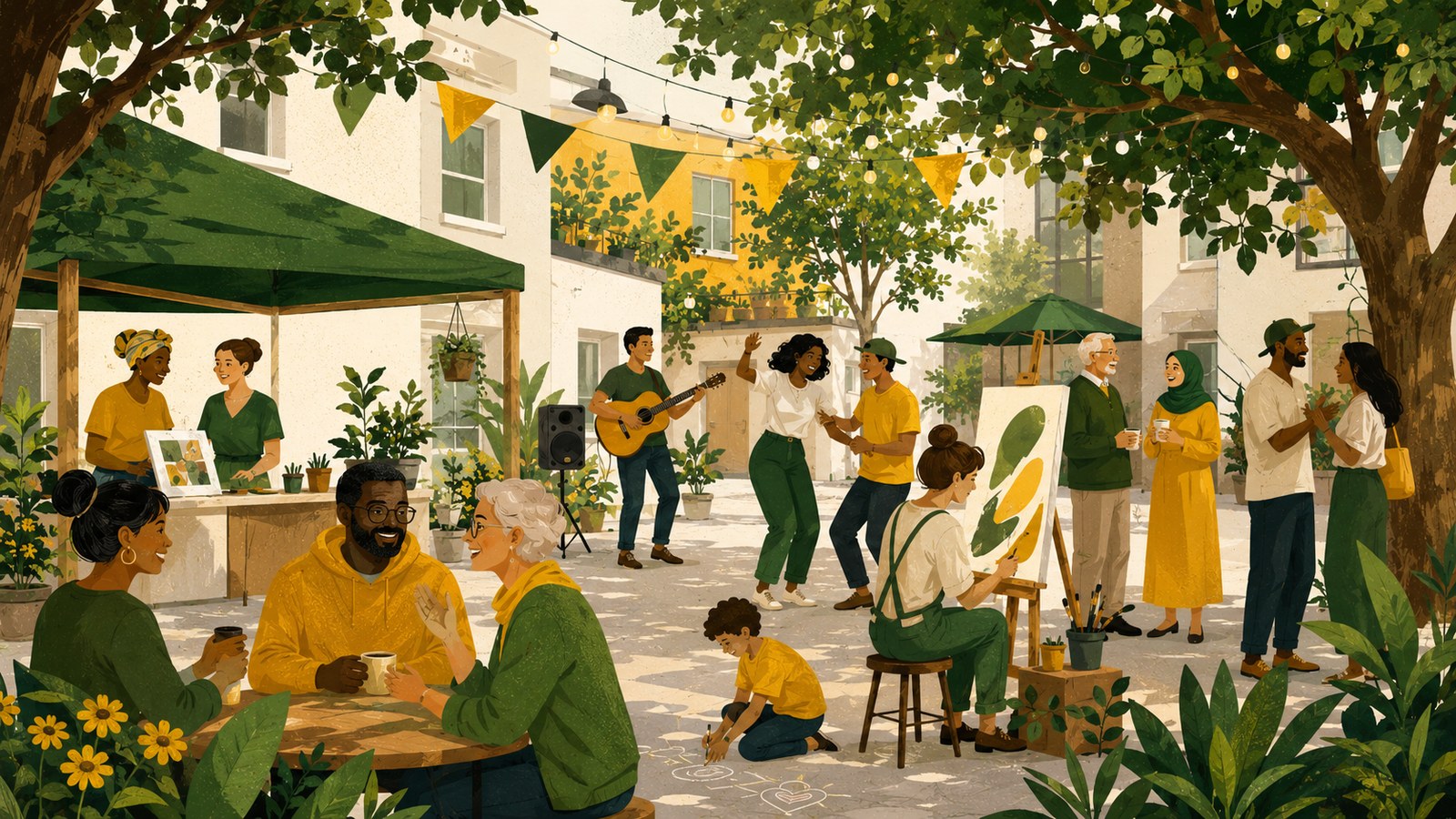 Illustration eines offenen Community Days im Hof mit Kunst, Musik und Begegnung