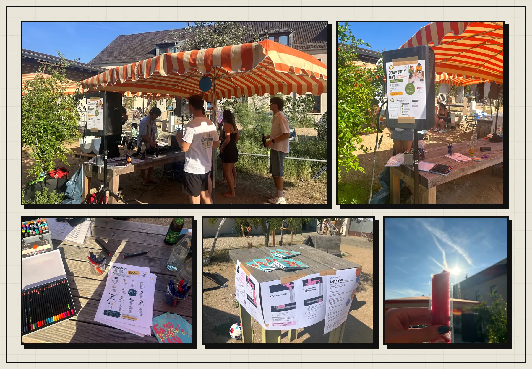 Collage mit Eindrücken vom Community Day in Mannheim Franklin: Begegnungen, Materialien, Infostand und sommerliche Atmosphäre.
